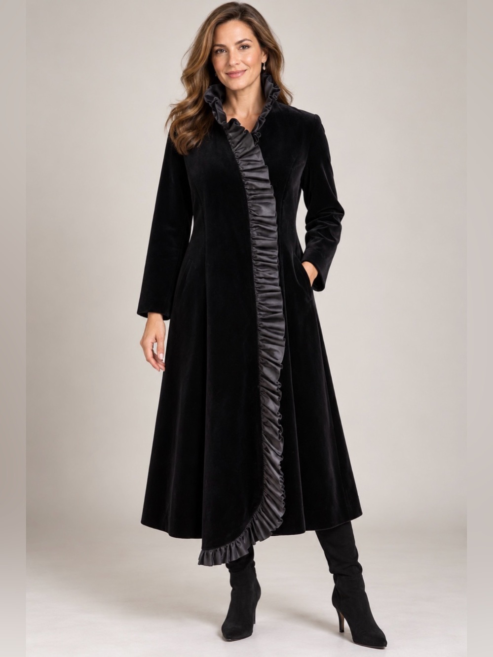 Black Velvet Opera Coat Satin Lined Ruffle Evening Formal M/L